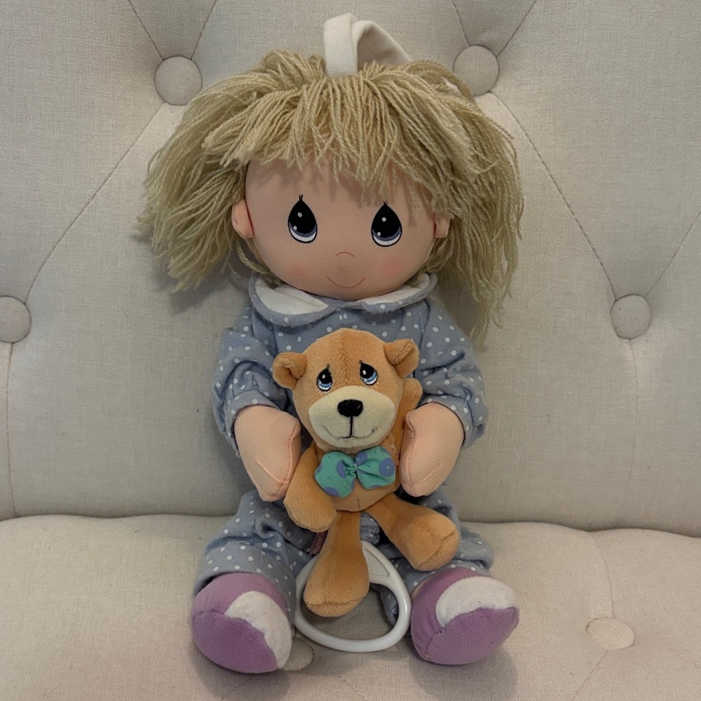 Vintage Precious Moments Musical Plush Baby Doll with BrownTeddy 12”
